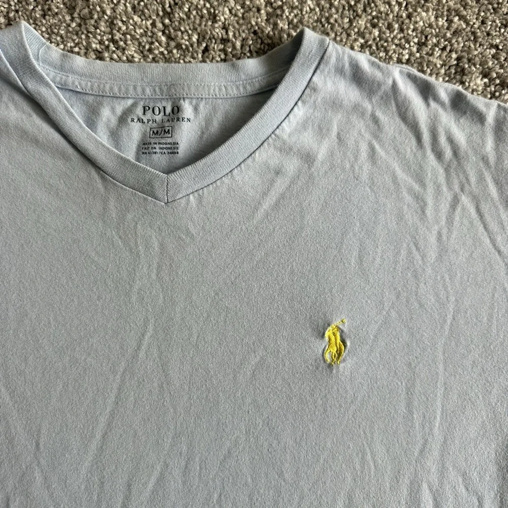 Polo Ralph Lauren Shirt Mens M Blue V‎ Neck Yellow Pony Logo Classic Fit